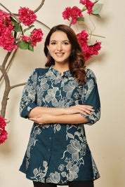 Teal Allover Beige Floral Rayon Tunic