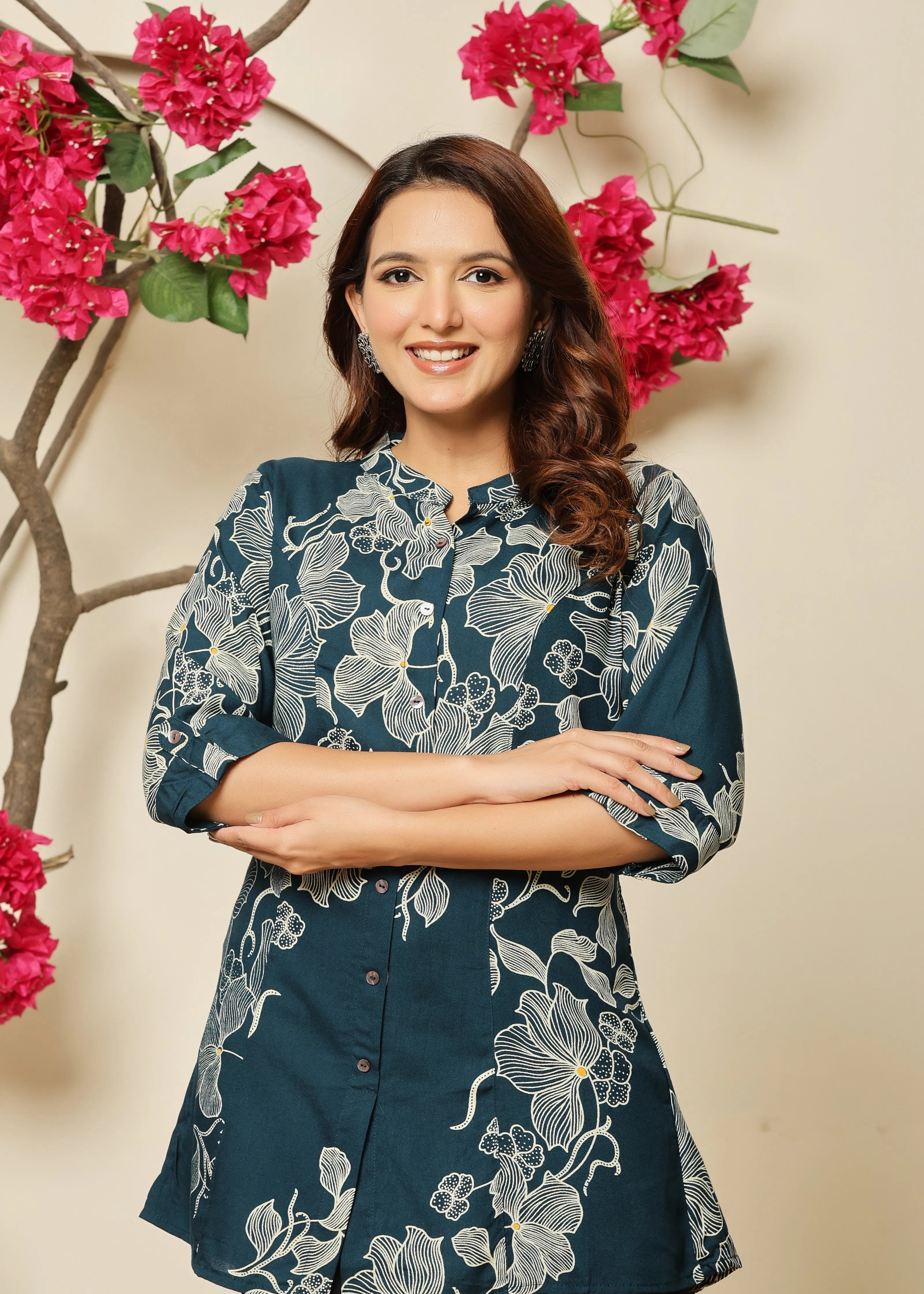 Teal Allover Beige Floral Rayon Tunic