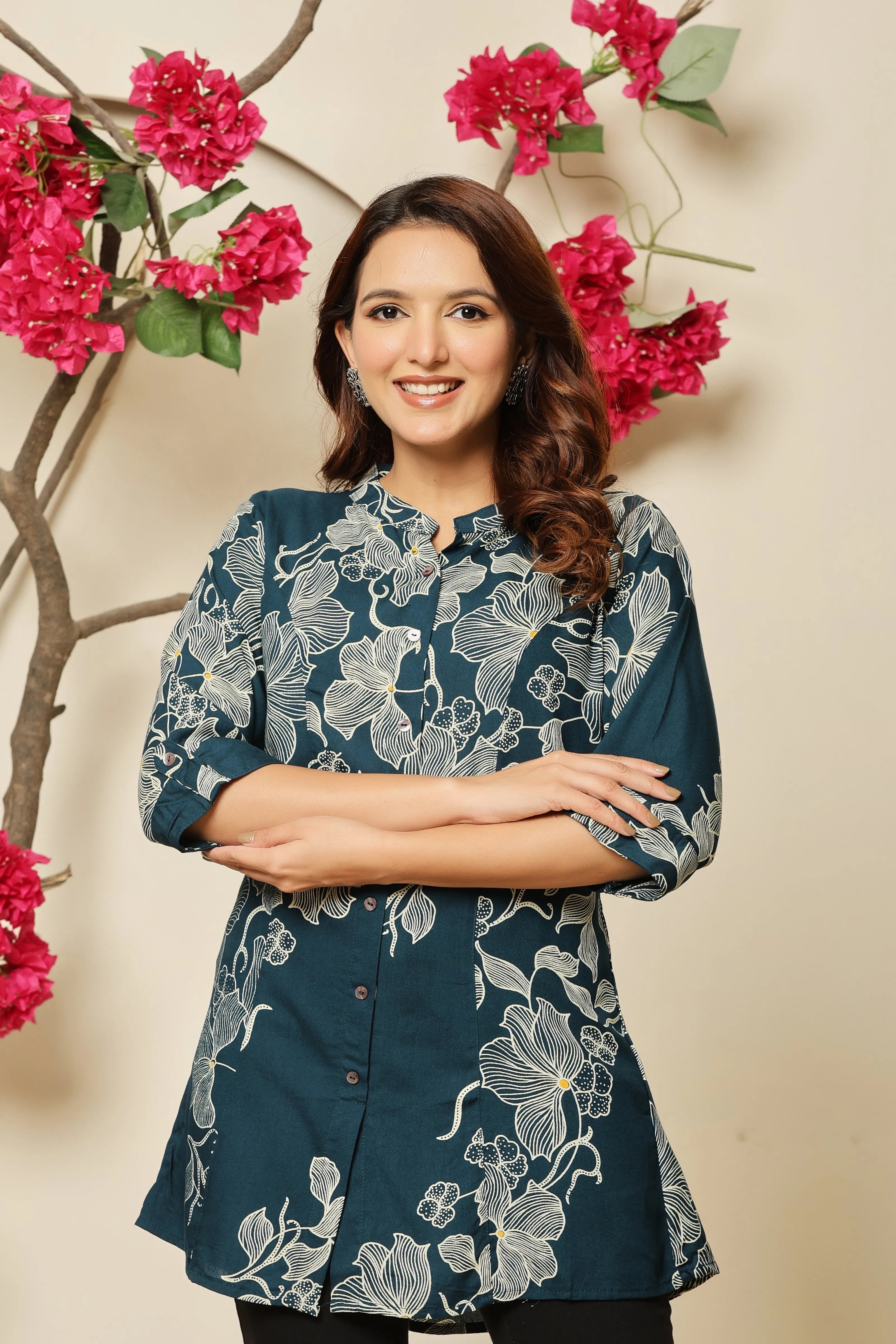 Teal Allover Beige Floral Rayon Tunic