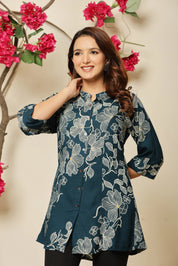 Teal Allover Beige Floral Rayon Tunic