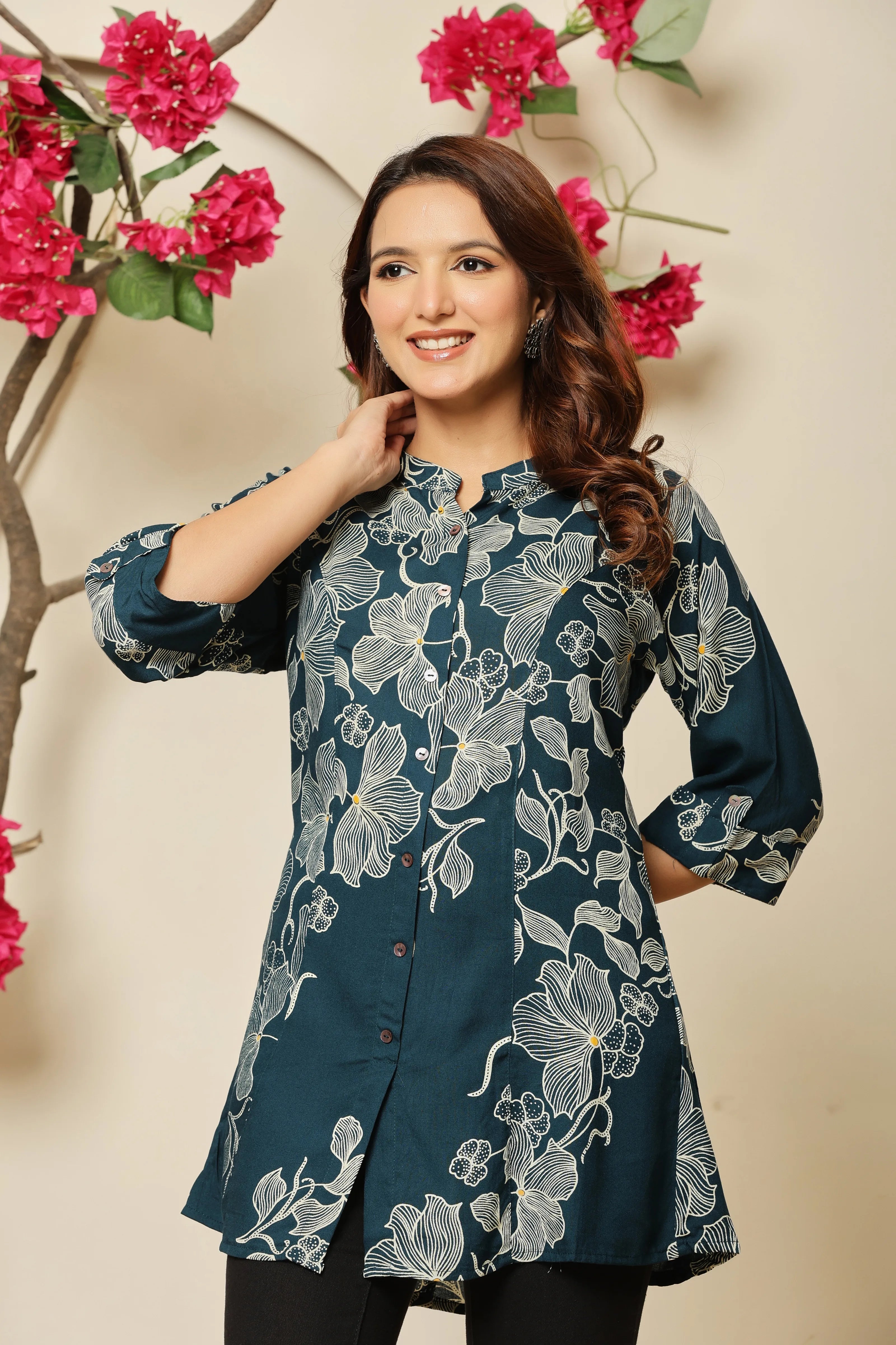 Teal Allover Beige Floral Rayon Tunic