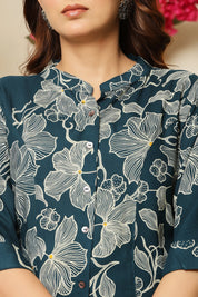 Teal Allover Beige Floral Rayon Tunic