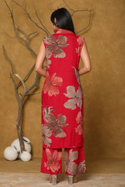 Magenta Foil Floral Sleeveless Kurti-Pant Set