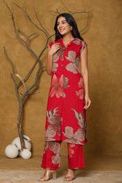 Magenta Foil Floral Sleeveless Kurti-Pant Set