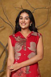 Magenta Foil Floral Sleeveless Kurti-Pant Set