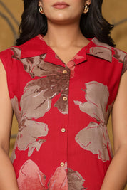 Magenta Foil Floral Sleeveless Kurti-Pant Set