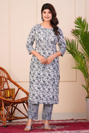 Grey Cotton Floral Printed Kurta Set - Kaftanize