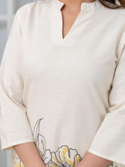 Cream Floral Kurta & Wide-Leg Cotton Flex Co-ord Set