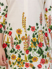 Cream Mandarin-Neck Kurta & Wide-Leg Floral Co-ord Set in Cotton Flex