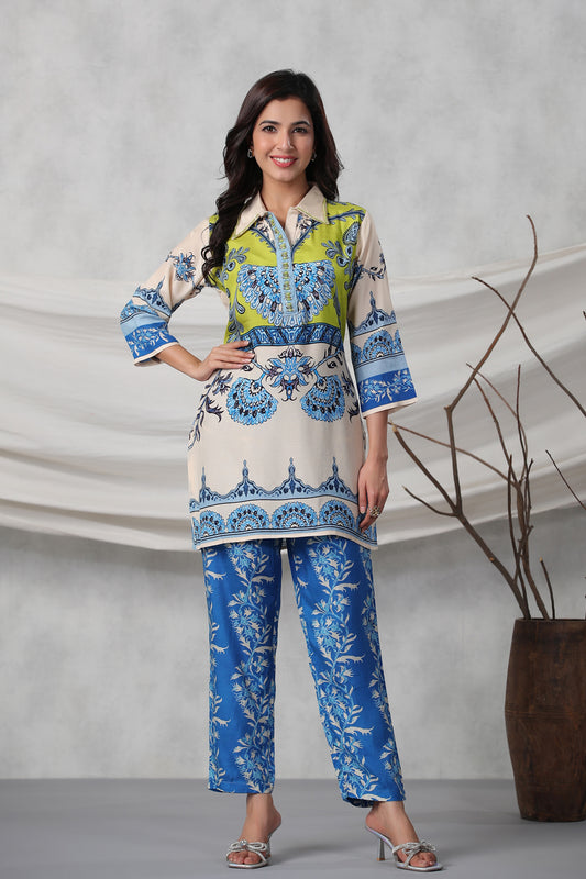 Blue Printed Tunic & Trouser Co-Ord Set