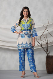 Ivory Lime Heritage Placement Printed Muslin Co-ord Set