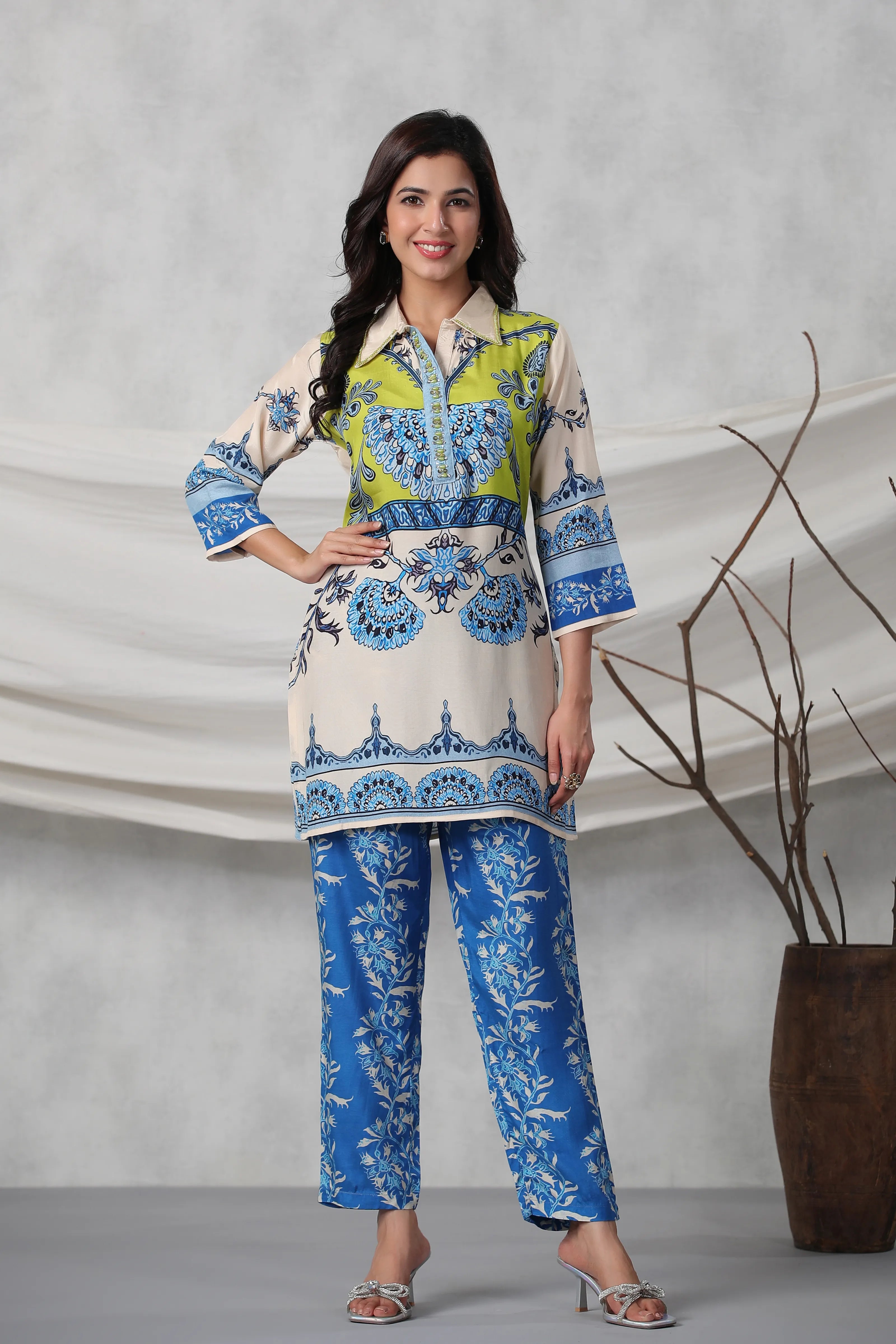 Ivory Lime Heritage Placement Printed Muslin Co-ord Set
