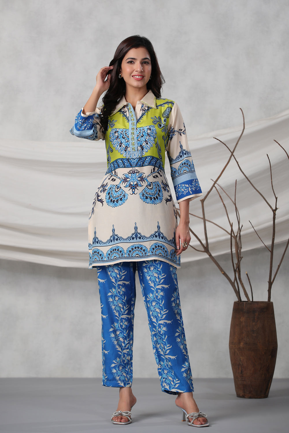 Kaftanize Blue Printed Muslin Tunic and Trouser Co-Ord Set