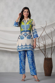 Ivory Lime Heritage Placement Printed Muslin Co-ord Set