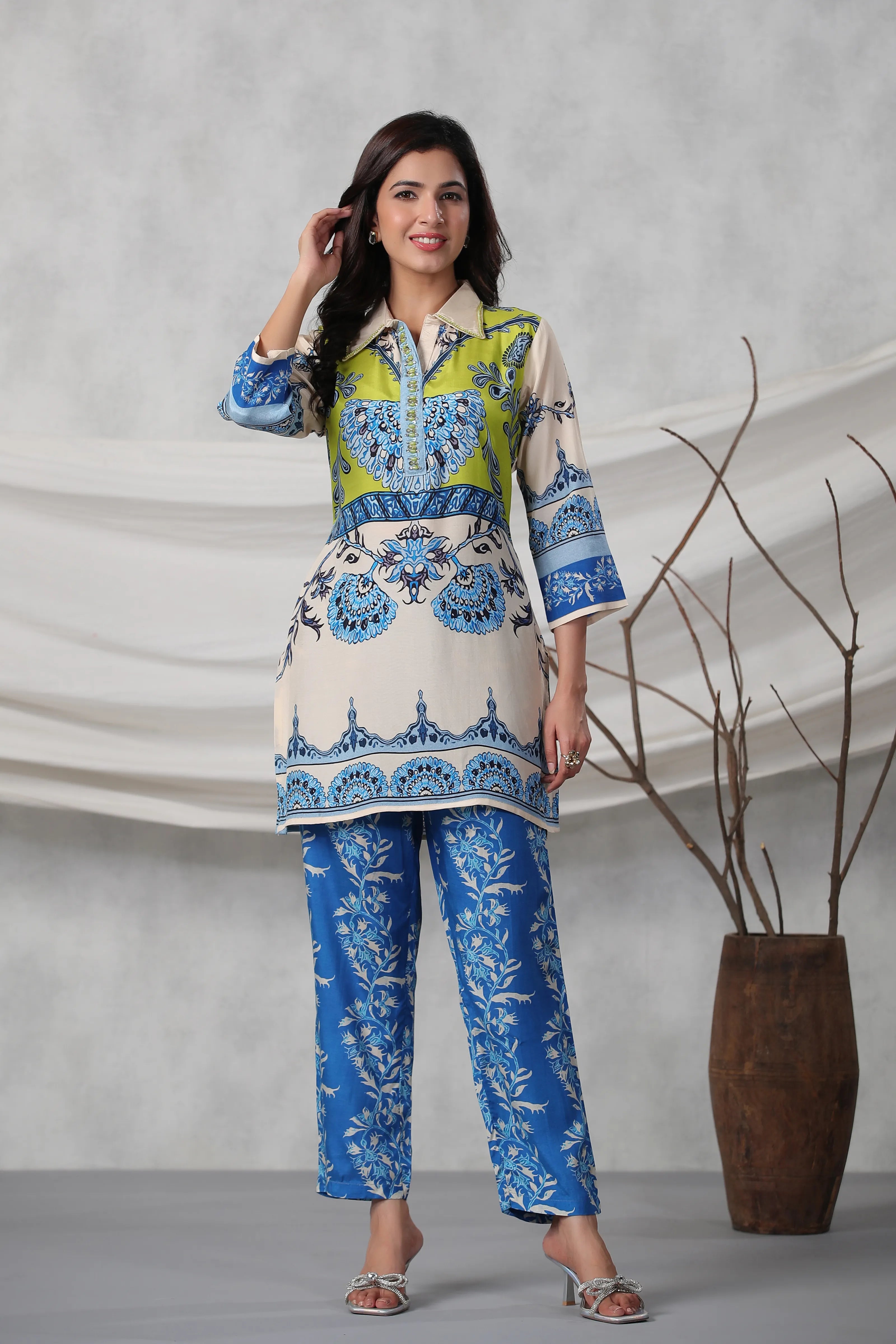 Ivory Lime Heritage Placement Printed Muslin Co-ord Set