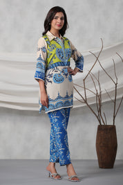 Kaftanize Blue Printed Muslin Tunic and Trouser Co-Ord Set