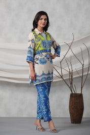 Ivory Lime Heritage Placement Printed Muslin Co-ord Set