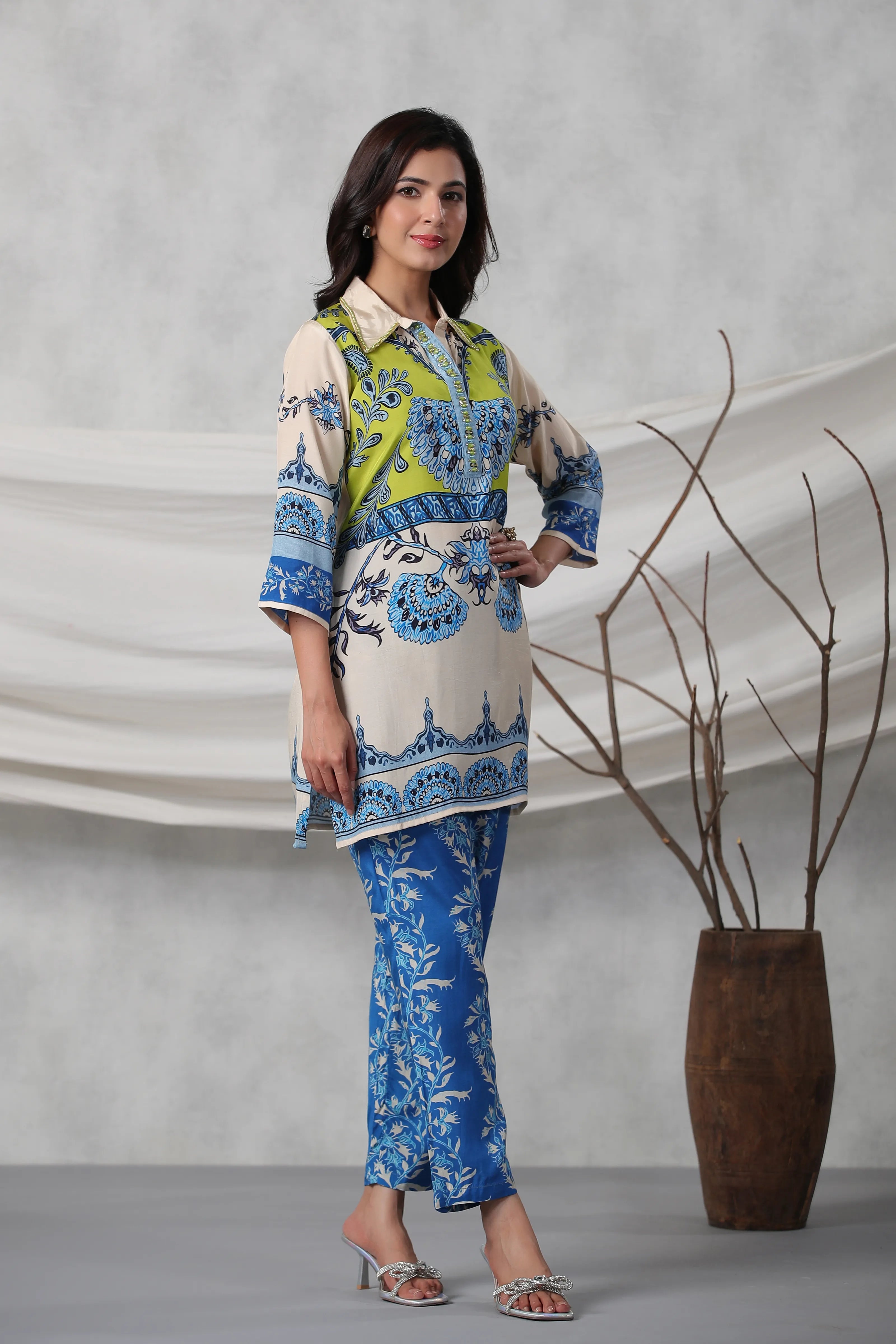 Ivory Lime Heritage Placement Printed Muslin Co-ord Set