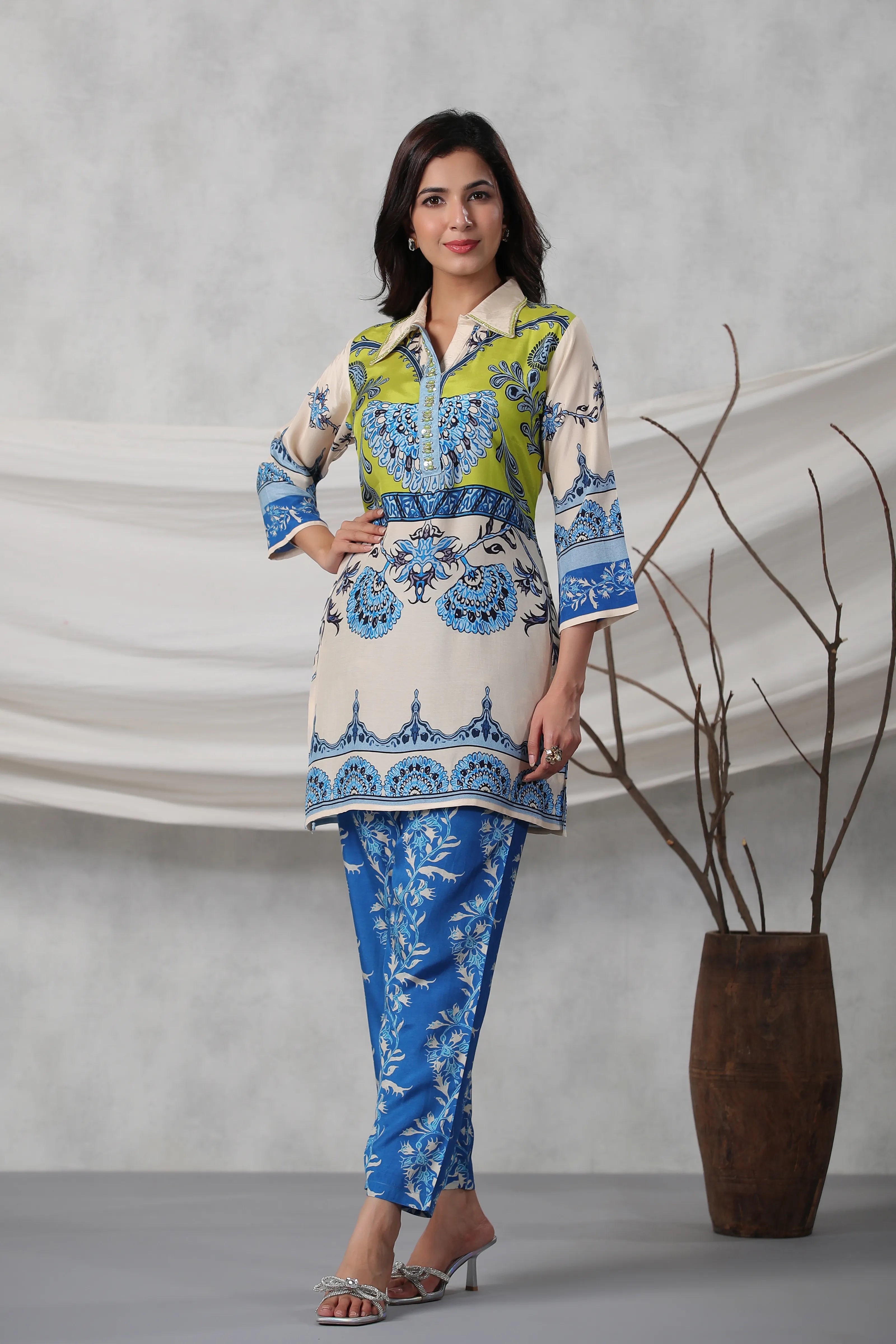 Ivory Lime Heritage Placement Printed Muslin Co-ord Set