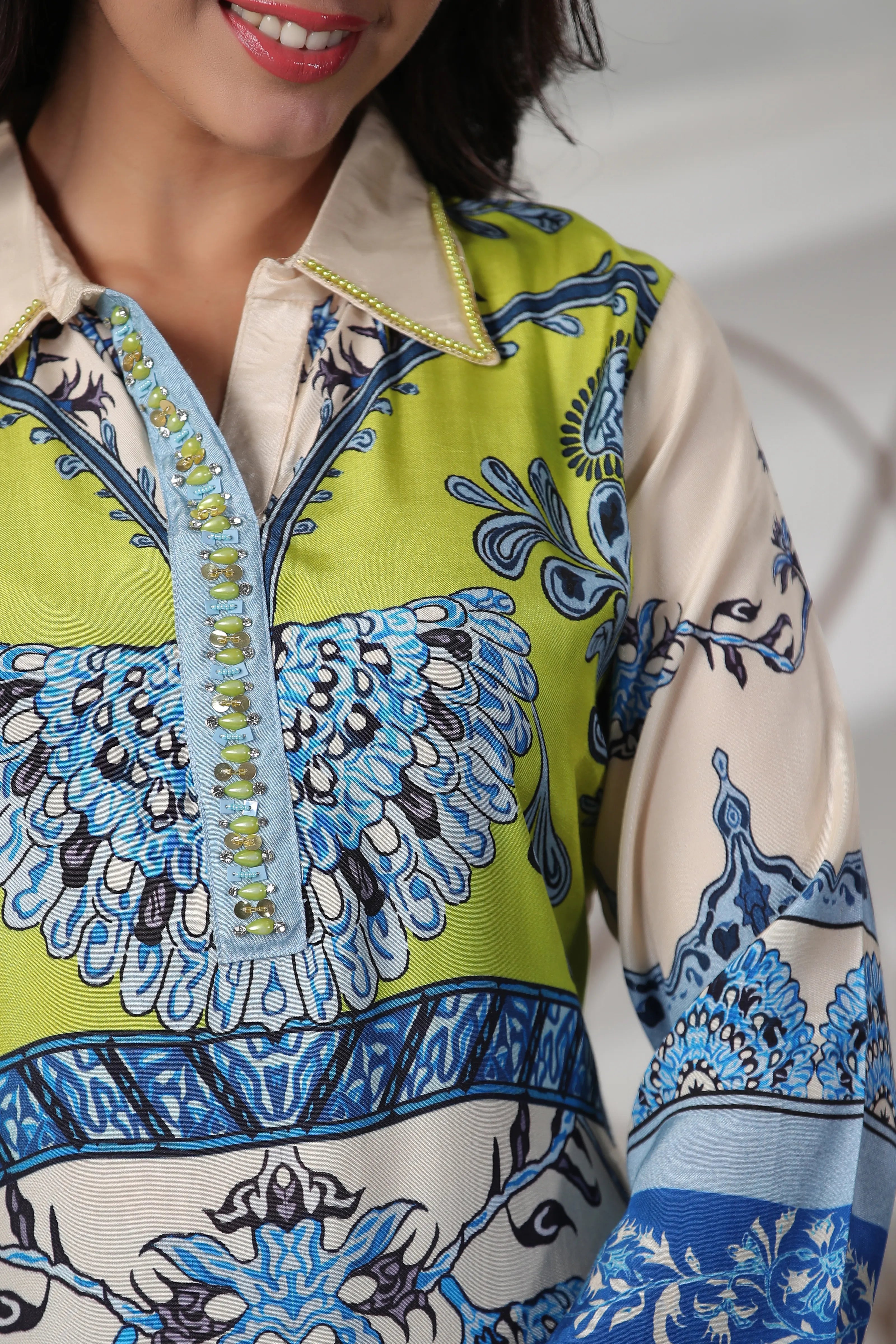 Ivory Lime Heritage Placement Printed Muslin Co-ord Set