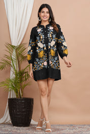 Black Floral Multi-Thread Embroidered Cotton Shirt Dress