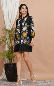 Black Floral Multi-Thread Embroidered Cotton Shirt Dress