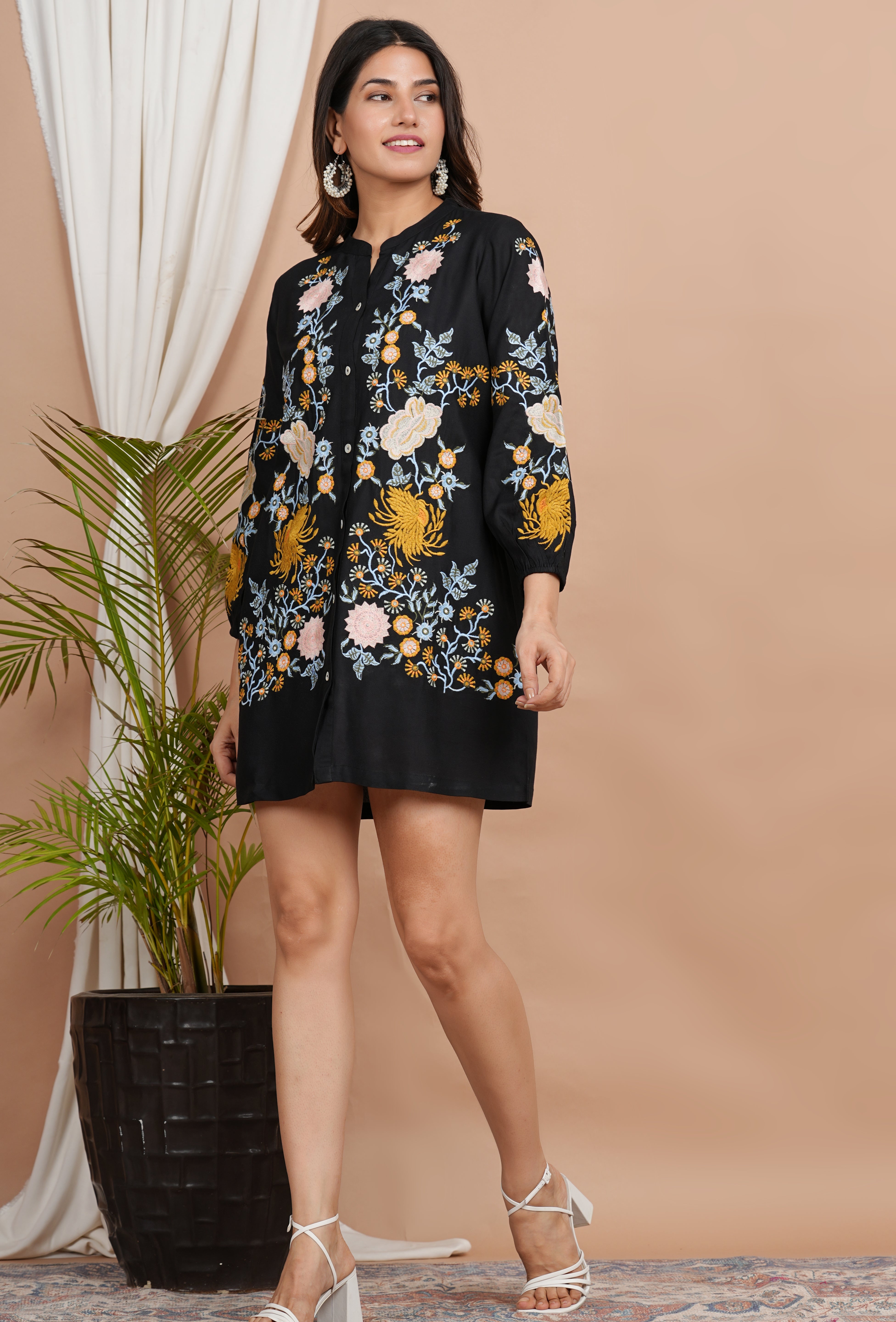 Black Floral Multi-Thread Embroidered Cotton Shirt Dress