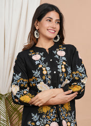 Black Floral Multi-Thread Embroidered Cotton Shirt Dress