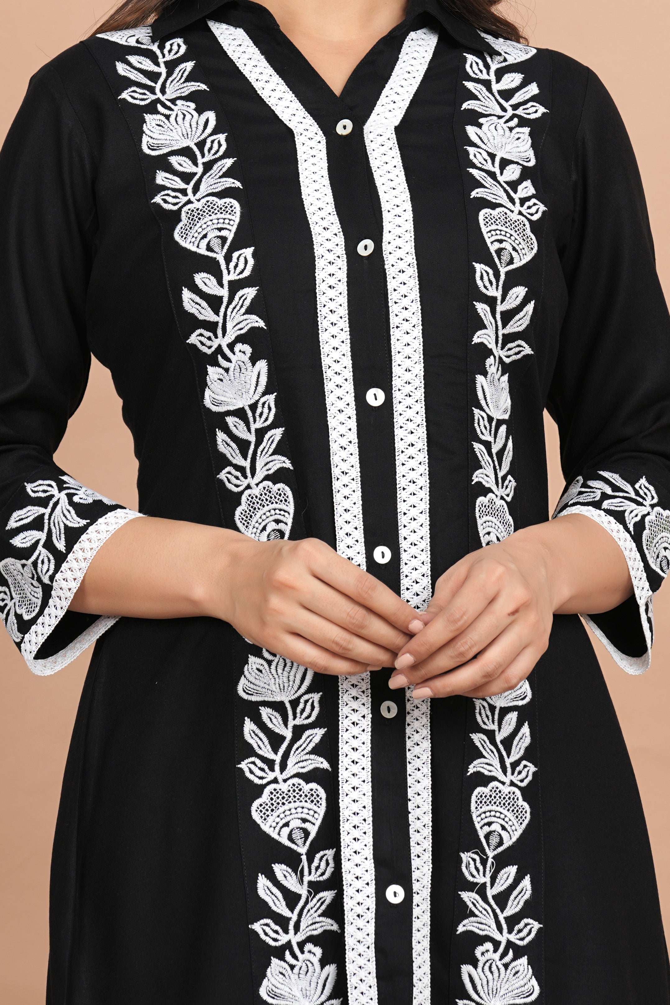 Black Floral Embroidered Cotton Co-Ord Set