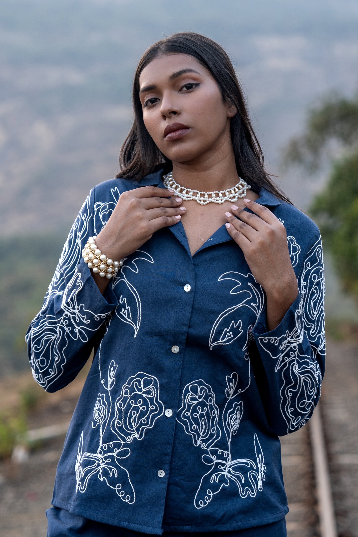 Blue With White Embroidered Western Set