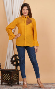 Kameez Mustard Yellow Sushi Voile Thread Embroidered Elasticated Cuff Shirt