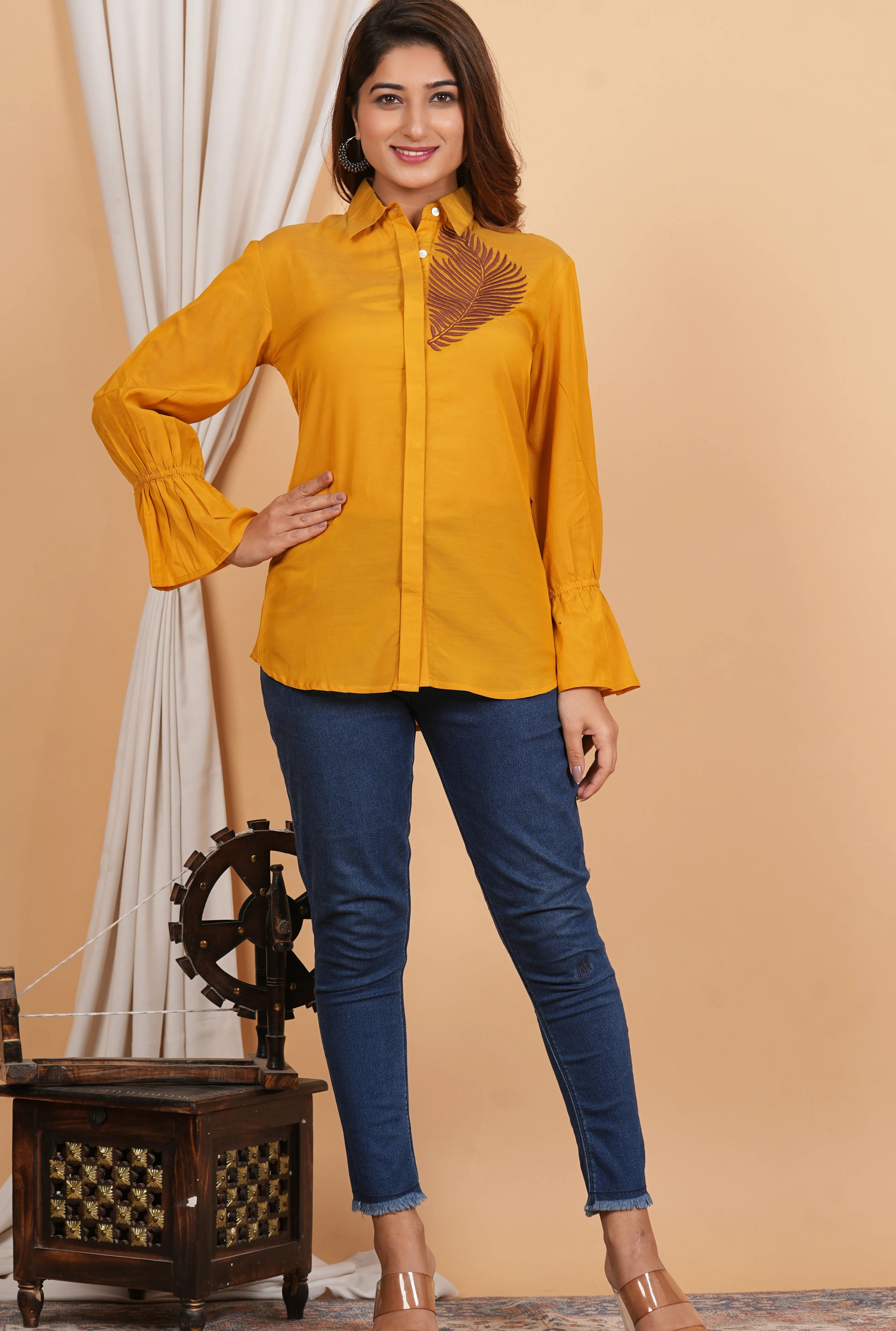 Kameez Mustard Yellow Sushi Voile Thread Embroidered Elasticated Cuff Shirt