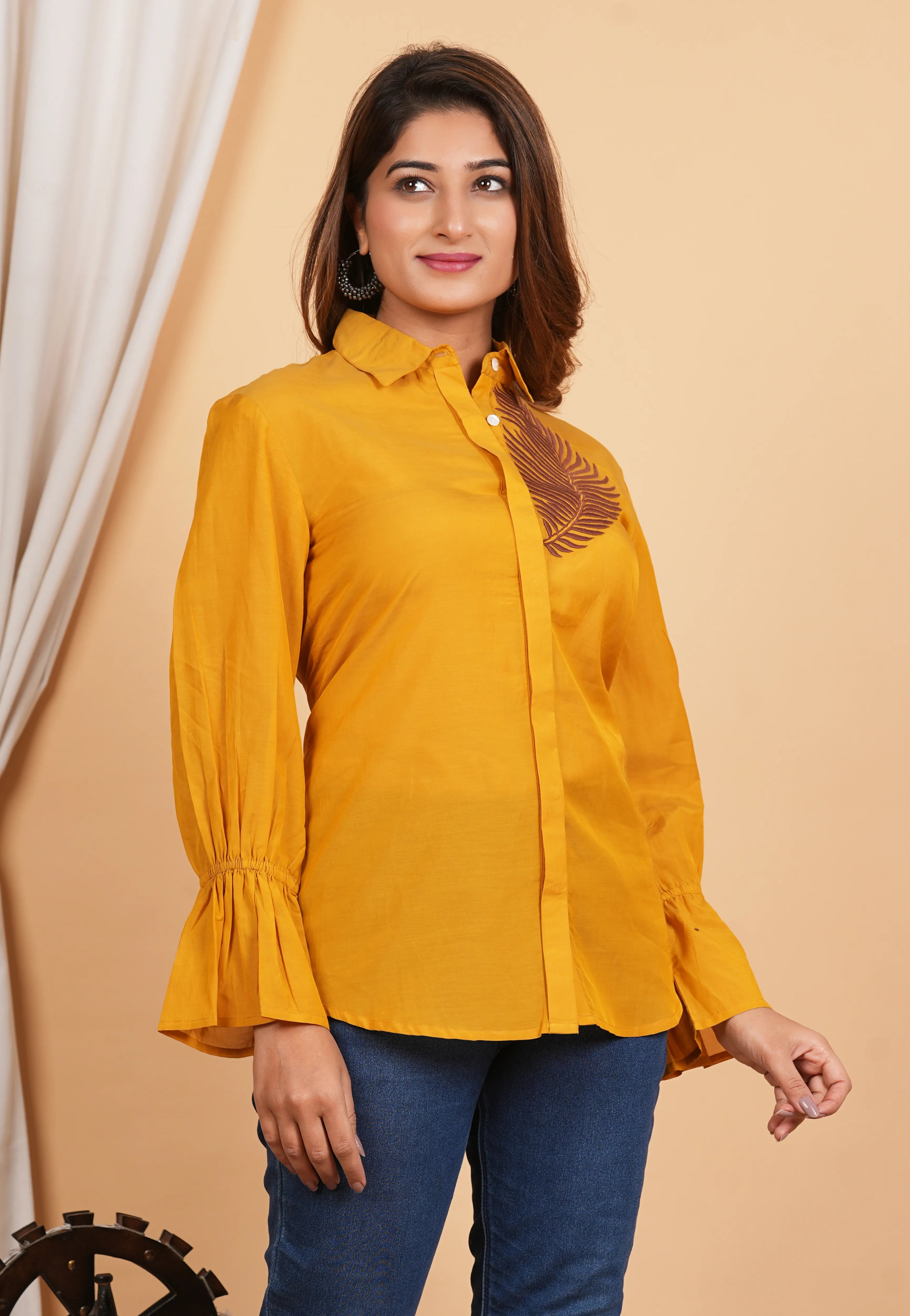 Kameez Mustard Yellow Sushi Voile Thread Embroidered Elasticated Cuff Shirt