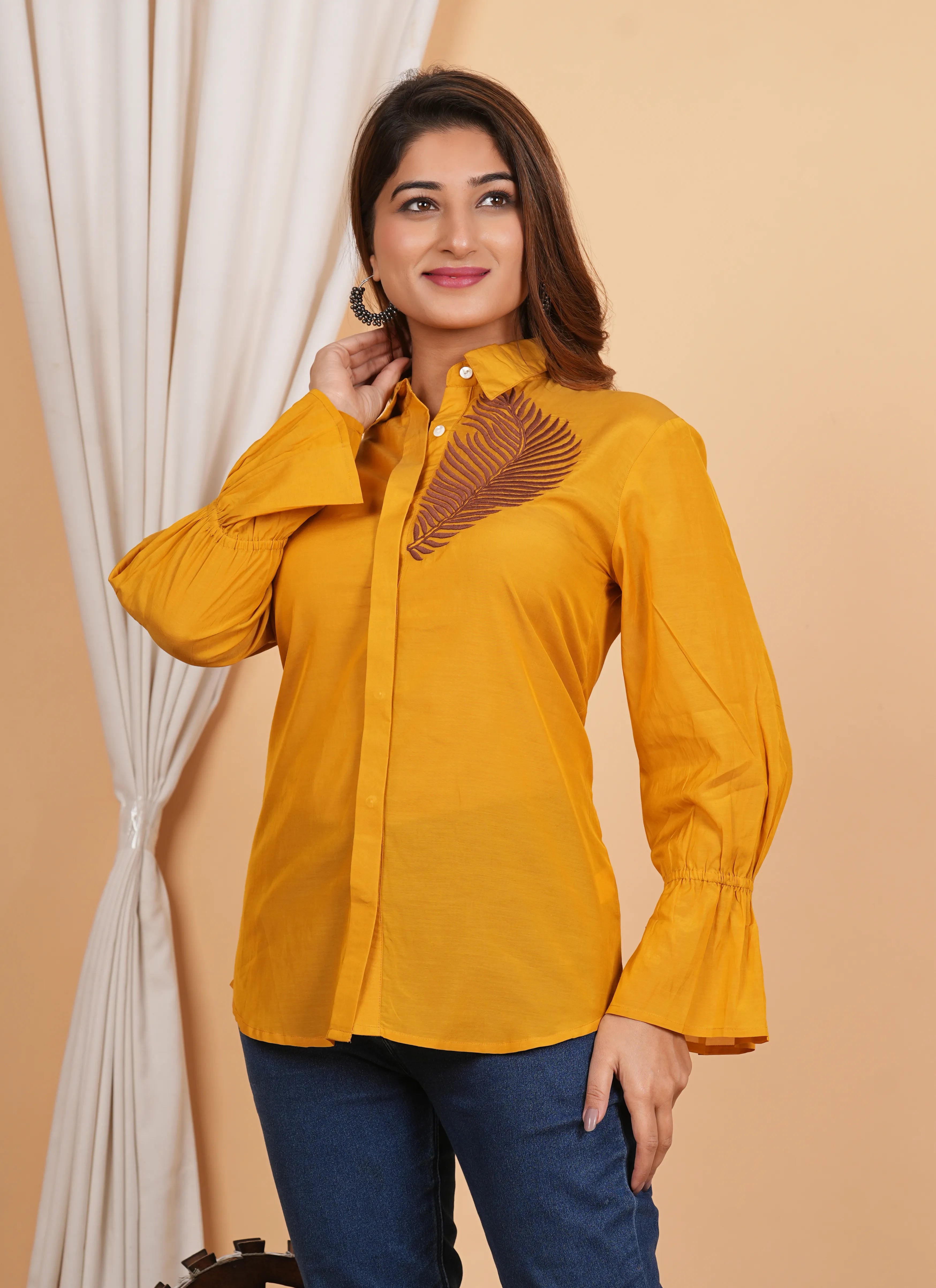 Kameez Mustard Yellow Sushi Voile Thread Embroidered Elasticated Cuff Shirt