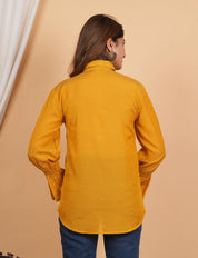 Kameez Mustard Yellow Sushi Voile Thread Embroidered Elasticated Cuff Shirt