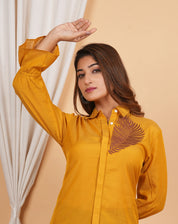 Kameez Mustard Yellow Sushi Voile Thread Embroidered Elasticated Cuff Shirt