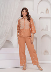 Brown  Embroidered Cotton Poplin Co-ord Set