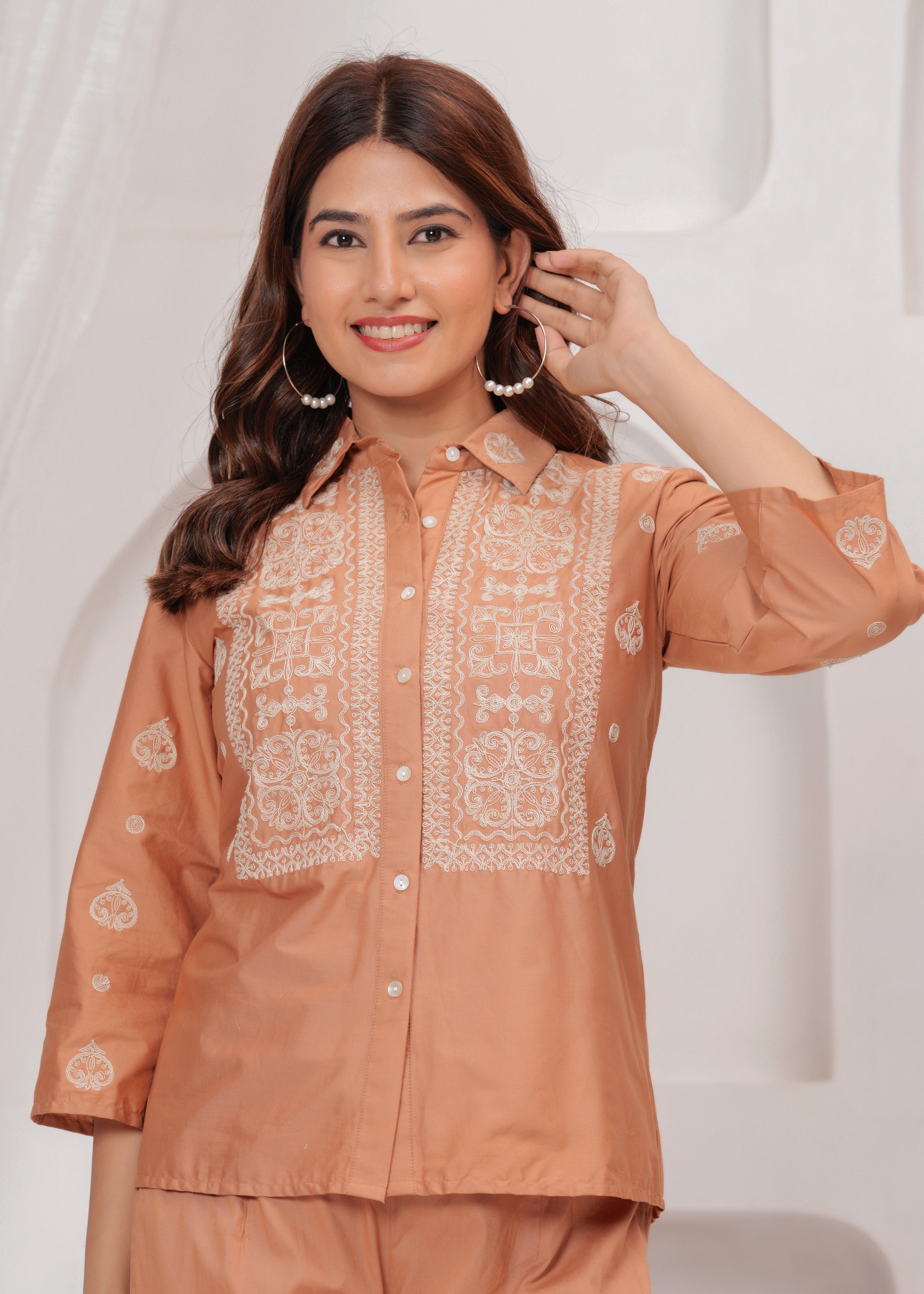 Brown  Embroidered Cotton Poplin Co-ord Set