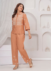 Brown  Embroidered Cotton Poplin Co-ord Set