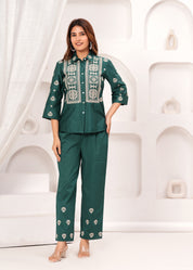 Bottle Green Embroidered Cotton Poplin Co-ord Set