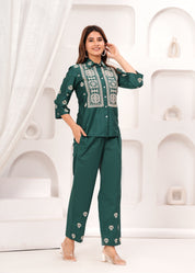 Bottle Green Embroidered Cotton Poplin Co-ord Set