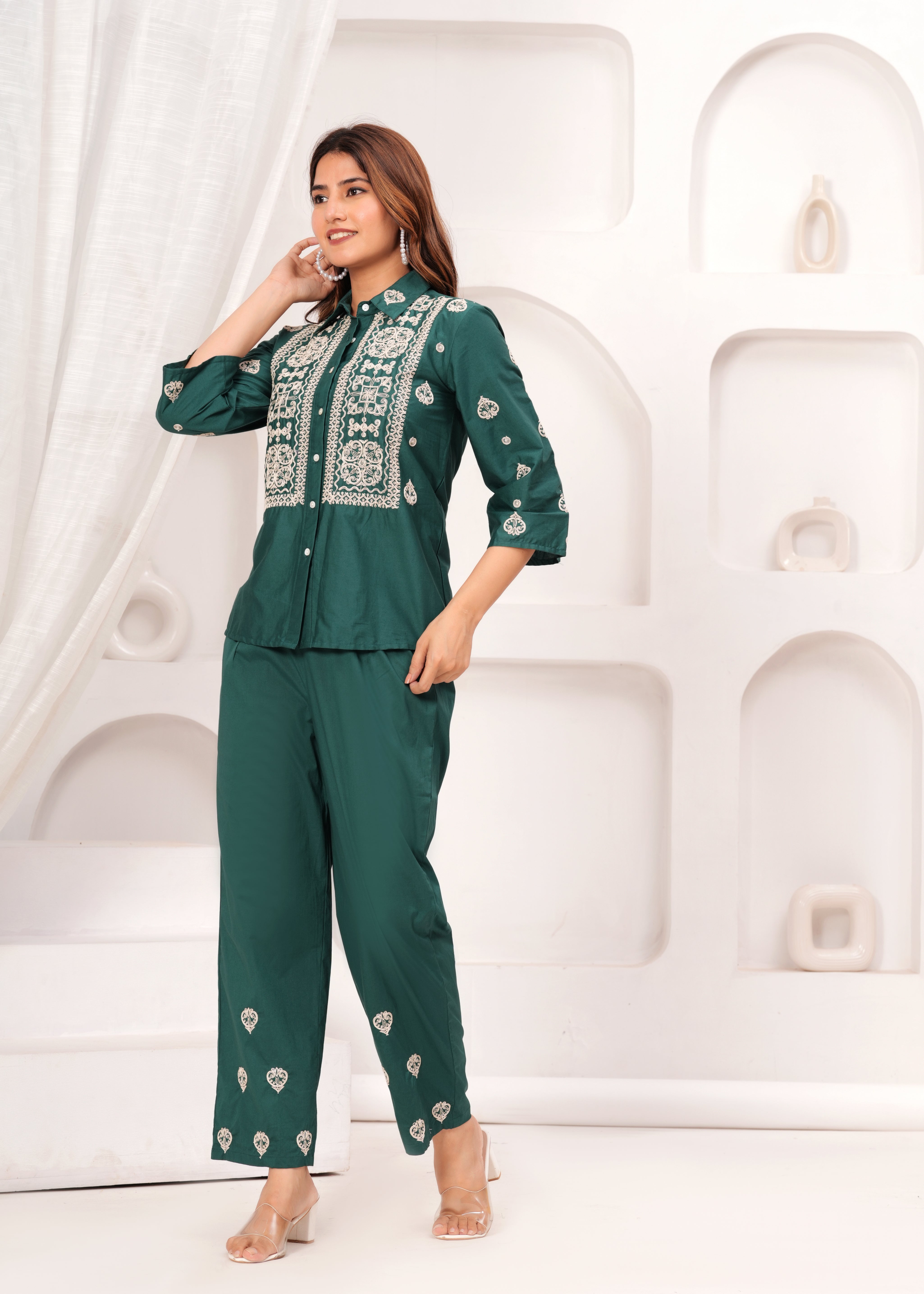 Bottle Green Embroidered Cotton Poplin Co-ord Set