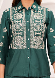 Bottle Green Embroidered Cotton Poplin Co-ord Set