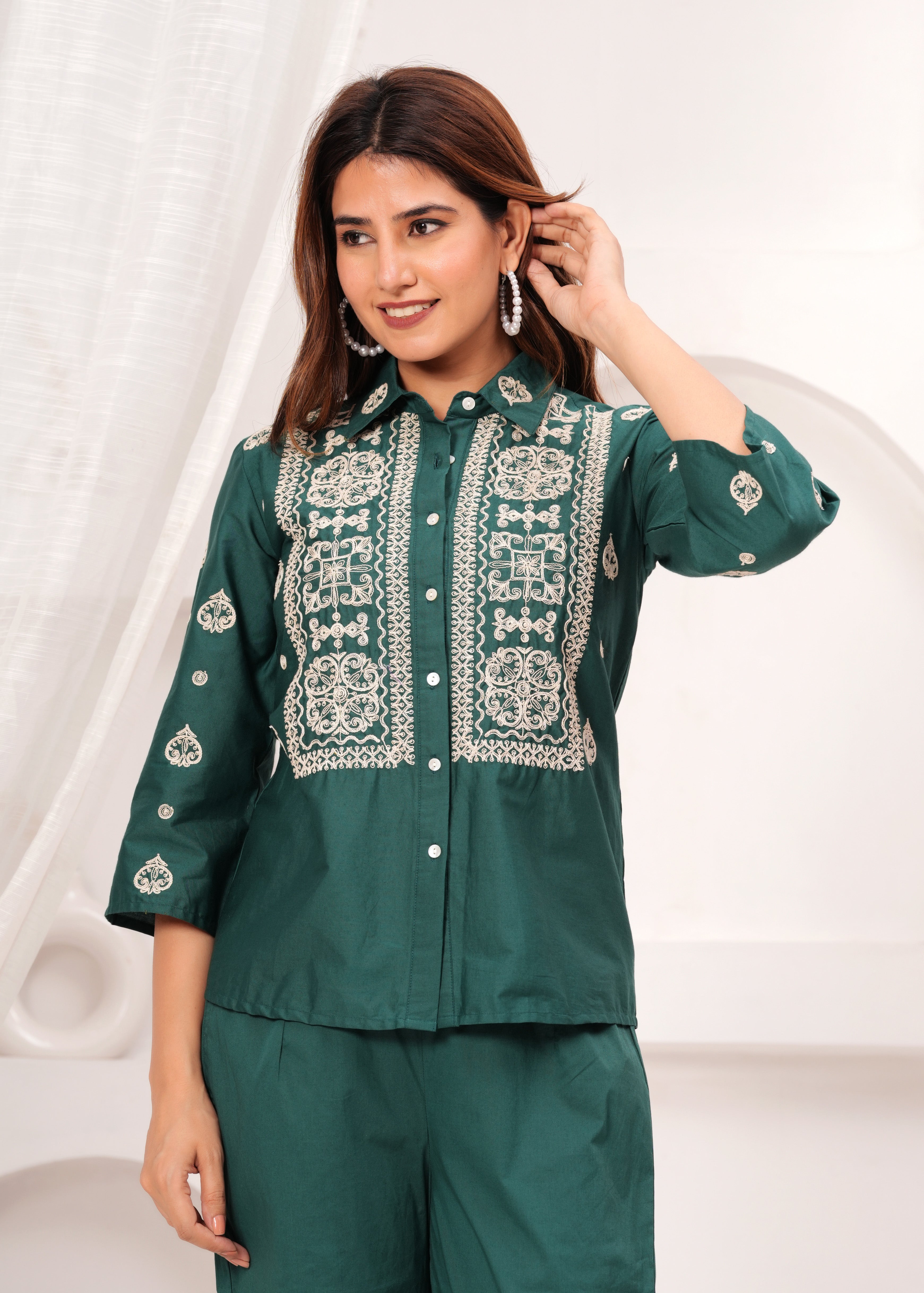 Bottle Green Embroidered Cotton Poplin Co-ord Set