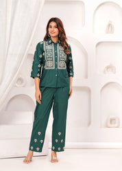 Bottle Green Embroidered Cotton Poplin Co-ord Set