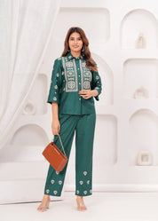 Bottle Green Embroidered Cotton Poplin Co-ord Set