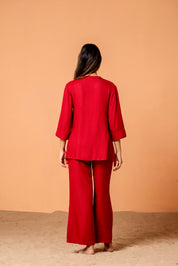 Red Color Pleated Front  Rayon Co-Ord Set