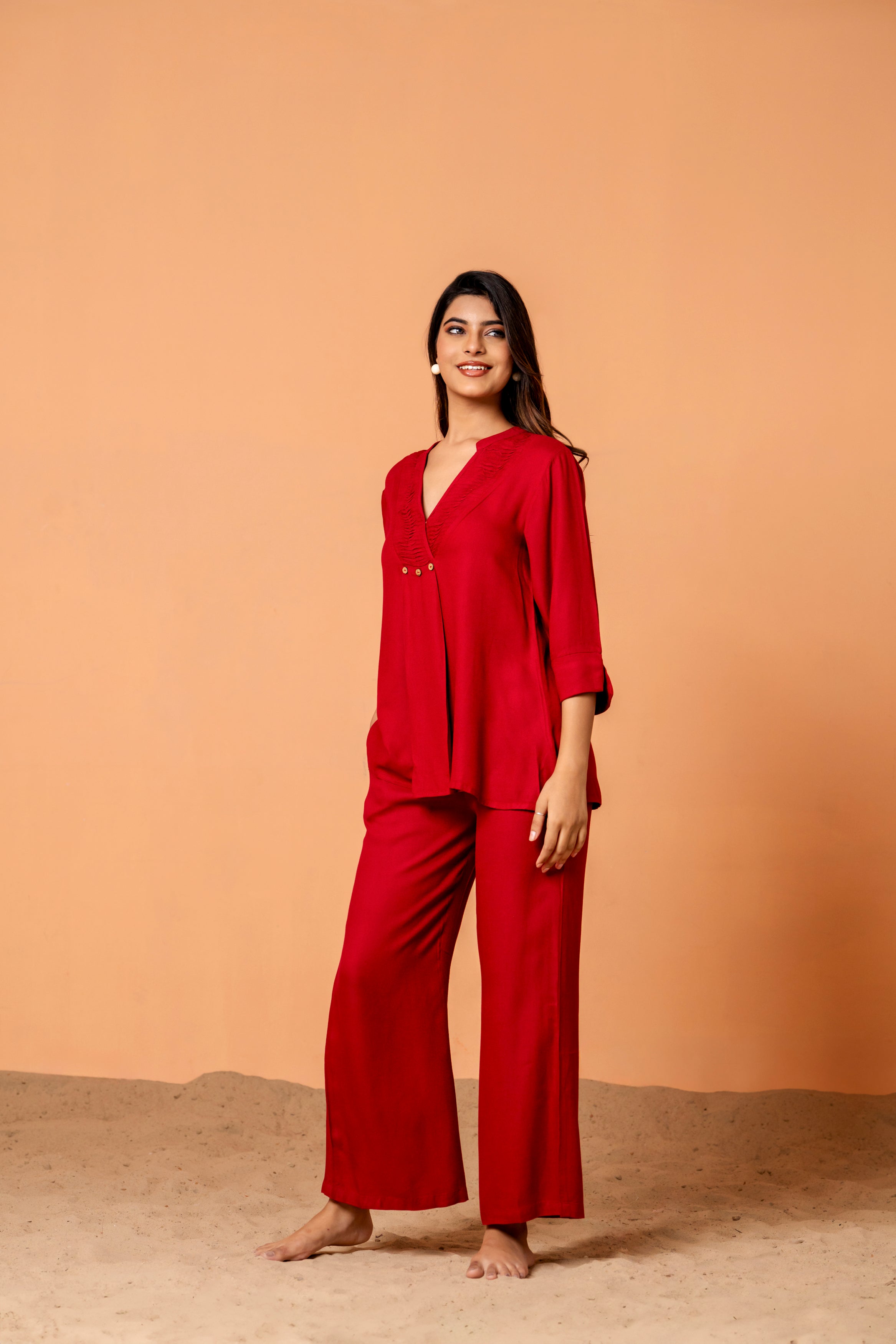 Red Color Pleated Front  Rayon Co-Ord Set