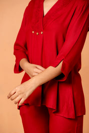 Red Color Pleated Front  Rayon Co-Ord Set