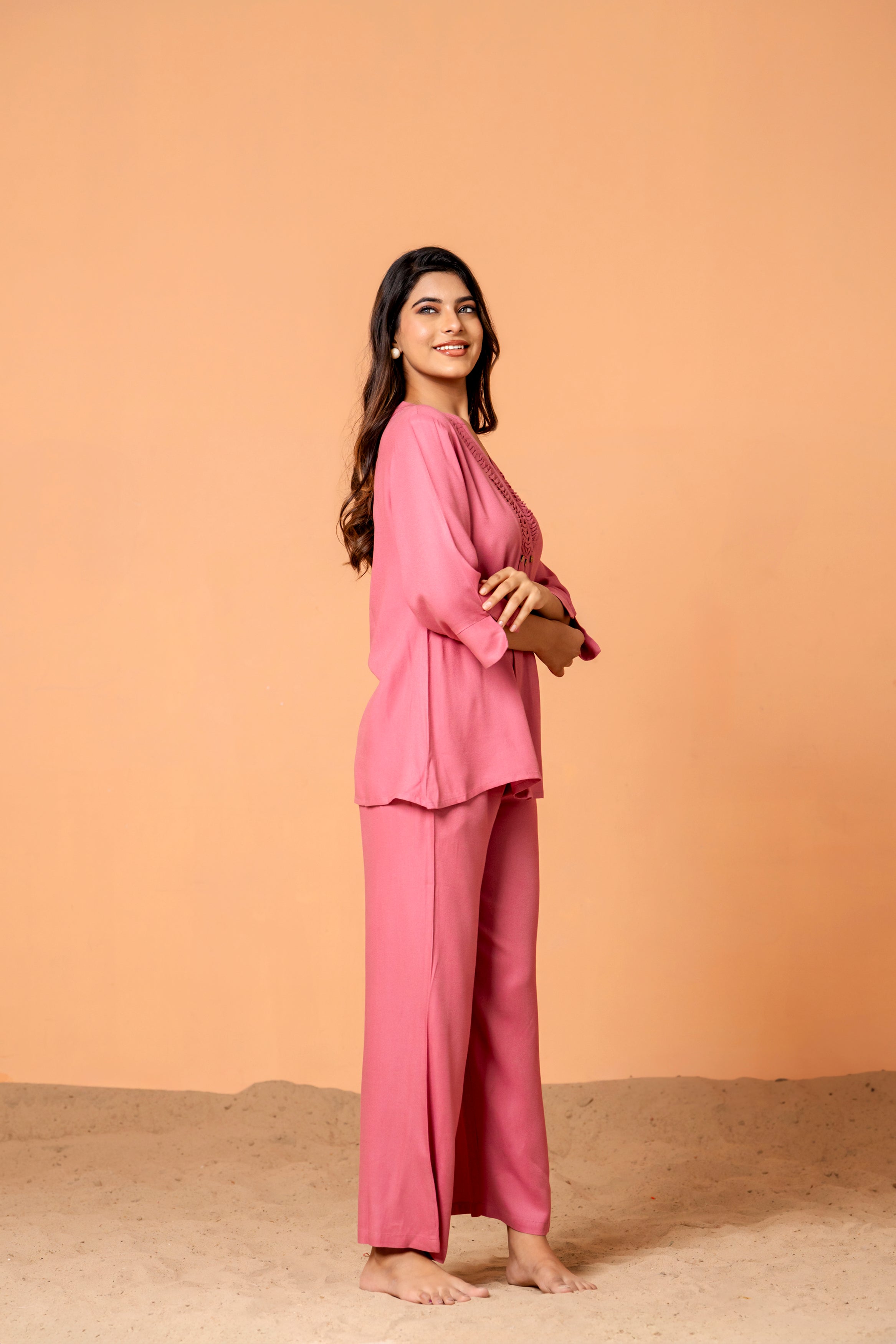 Pink Color Pleated Front  Rayon Co-Ord Set